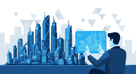 Futuristic city planning on a digital interface with advanced technology and engineering design