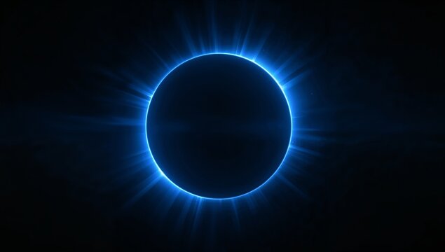 Abstract circular blue flare glow emerging from darkness, soft atmospheric light radiating from center, futuristic space energy background.
