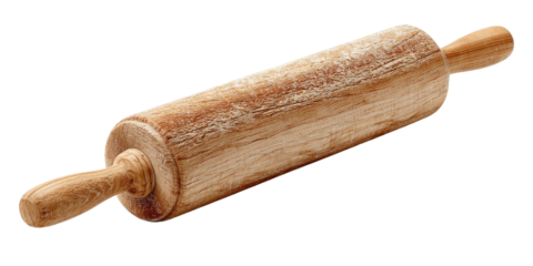 A close-up shot of a wooden rolling pin with flour-like substance on the central roller