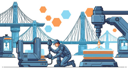 Futuristic Construction: Automation and Human Collaboration in Infrastructure Development Depiction