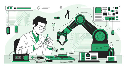 Futuristic electronics manufacturing with human expertise and robotic precision in harmony