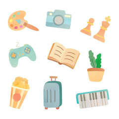 Cute hobby and activity icon doodle in watercolor illustration style. Vector isolated of paint, game, chess, piano, book clip art cartoon in pastel color for asset, website, application