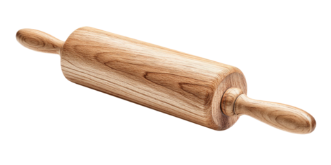 A wooden rolling pin, angled, against a black background, showcasing wood grain details