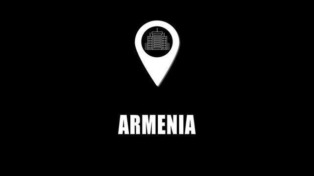  Location pin icon with city skyline and Armenia text on black background. GPS location tracking icon.