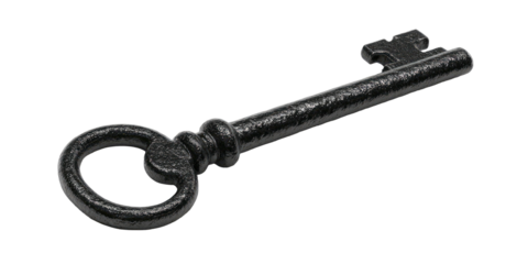 A close-up view of an antique key with a detailed texture against a solid black background