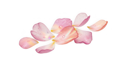 Iridescent Rose Quartz Flower Petals isolated on transparent background. Delicate Blush and Peach Floral Art. Hyper-Realistic Floating Petals Composition.