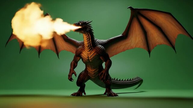 A fearsome dragon exhales a fiery breath, wings spread, against a vibrant green backdrop.
