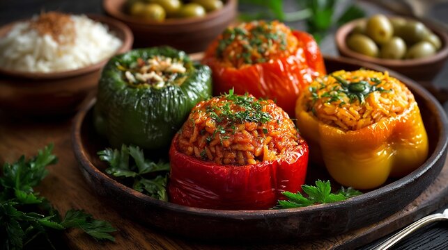 Turkish stuffed peppers biber dolmasi rice and herbs colorful food styling