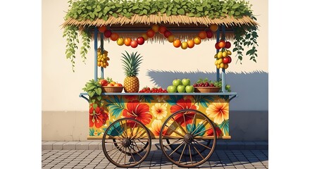 A vibrant tropical fruit stand overflowing with fresh produce, featuring a pineapple, apples, and oranges, set against a bright, sunny backdrop