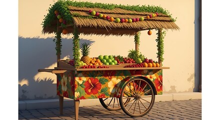 A vibrant and colorful fruit stand cart, adorned with tropical flowers and lush greenery, overflowing with a variety of fresh fruits, ready for sale on a sunny day