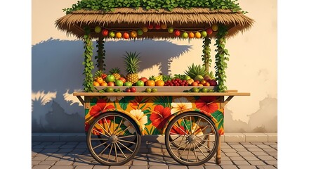 A vibrant and colorful fruit cart, adorned with tropical flowers and lush greenery, overflowing with fresh, ripe produce, ready for sale