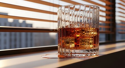 A glass of amber whiskey with ice cubes sits on a windowsill, with blinds and city buildings in the background