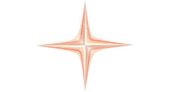 Four-Pointed Starburst in Soft Peach and Light Coral isolated on transparent background. Elongated Curved Point Star. Elegant Airy Texture Design.