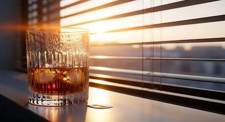 A glass of whiskey with ice cubes sits on a windowsill as the sun sets, casting a warm glow through the blinds
