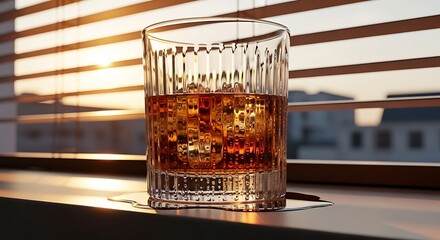 A glass of amber whiskey with ice cubes sits on a windowsill, bathed in the warm glow of the setting sun filtering through blinds