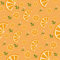 Seamless yellow orange pattern with citrus slices and leaves &mdash; bright summer fruit vector