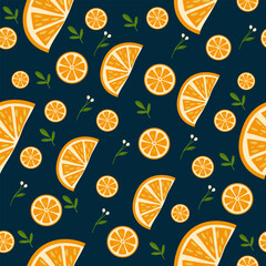 Seamless pattern with oranges and leaves on dark blue background &mdash; citrus fruit vector design