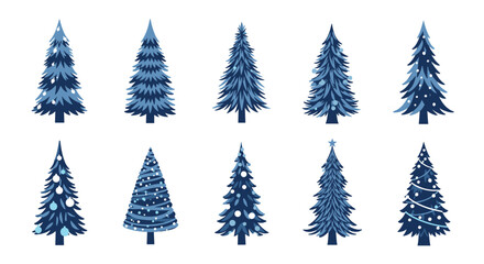 Obraz premium Collection of blue Christmas trees with various decorations on white background.