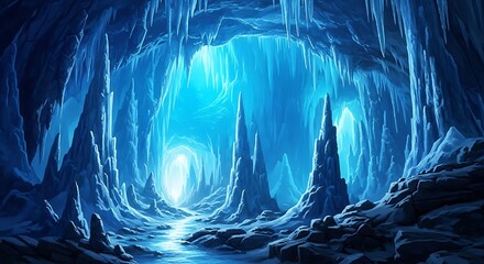 An ethereal ice cave with glowing blue formations and icicles, creating a magical and otherworldly subterranean landscape