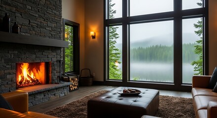 Cozy living room with a stone fireplace, leather sofa, and large window overlooking a misty lake and forest landscape