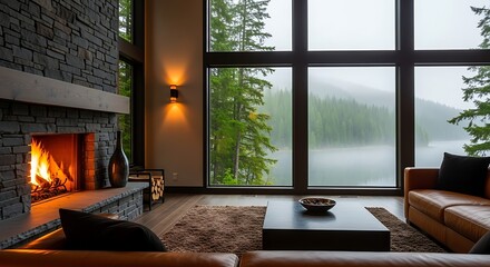 Cozy living room with a roaring fireplace and large windows overlooking a misty lake and forest on a cloudy day