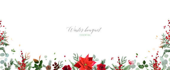 Christmas poinsettia, emerald greenery, red berry, cedar, spruce tree branch vector design frame. Winter celebration wedding or new year party invitation card. Watercolor style. Isolated and editable