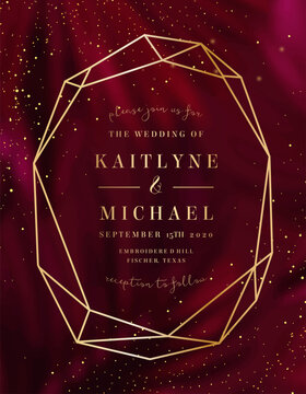 Bright magenta tropical leaves foliage vector background. Burgundy red wedding invitation frame. Art deco card with gold geometric ornament. Wine colored save the date. Elegant party template
