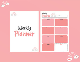 Cute Pink Weekly Planner Template with Rainbow and Cloud Accents