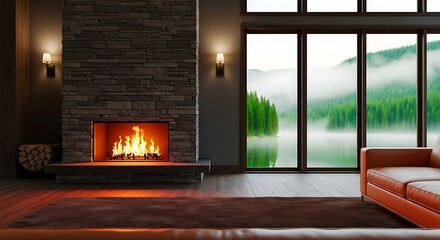 Cozy modern living room with a roaring fireplace and stunning lake view through large windows, creating a serene and luxurious atmosphere
