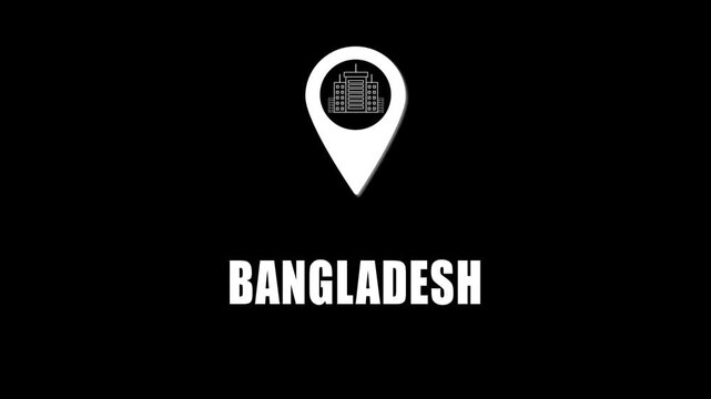  Location pin icon with city skyline and Bangladesh text on black background. GPS location tracking icon.
