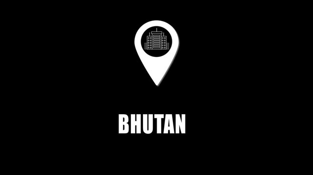  Location pin icon with city skyline and Bhutan text on black background. GPS location tracking icon.