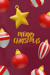 Vertical Christmas poster with 3D red and white baubles, golden star, and festive confetti on a burgundy background. Holiday greeting card design, ideal for Stories, Pins, flyers, seasonal campaigns.