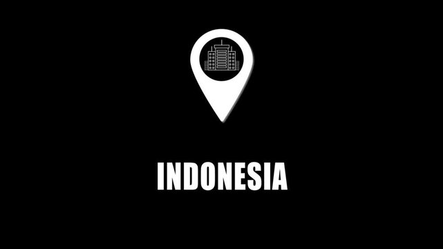  Location pin icon with city skyline and Indonesia text on black background. GPS location tracking icon.