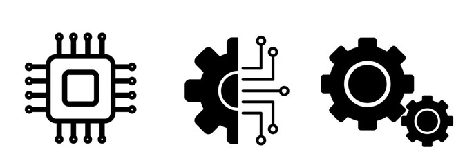 Vector icon set for technology, processing, and automation, featuring CPU microchips, digital gears, and mechanical settings, ideal for engineering graphics.