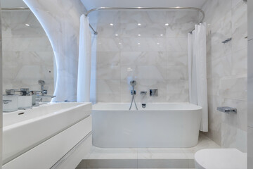 A spacious bathroom features a sleek freestanding bathtub, stylish sink, and clean lines. Bright...