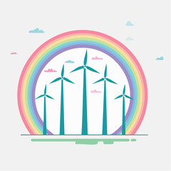 Eco-friendly wind turbines standing tall against a vibrant pastel rainbow sky, symbolizing clean energy and a sustainable future