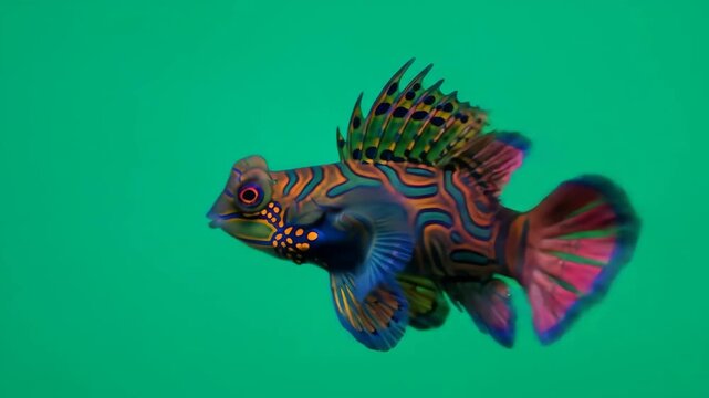 A vibrant Mandarin dragonet fish swims in clear water, showcasing its intricate patterns and colorful fins against a green background.