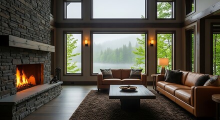 Cozy living room with a stone fireplace and large windows overlooking a serene lake and forest landscape