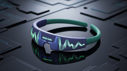 Futuristic eeg headband with glowing brainwave patterns and modern technological background