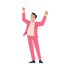 Man Character on Holiday in Pink Suit Celebrating Birthday Party Vector Illustration