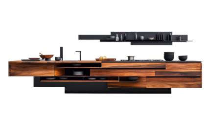 Modern kitchen with wood cabinets and black accents on Transparent Background