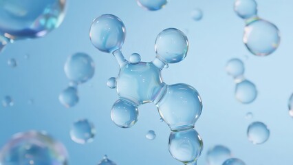 Abstract Motion of Water Molecules as Floating Bubbles on Light Blue Background, Scientific Visualization