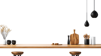 Modern kitchen decor with hanging utensils and stools on Transparent Background