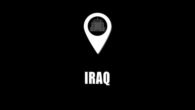  Location pin icon with city skyline and Iraq  text on black background. GPS location tracking icon.