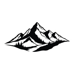 Detailed black silhouette of a majestic mountain peak with trees