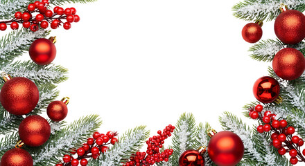 A festive Christmas border frames a blank transparent space, occupying the top, bottom, and side edges of the image. It's composed of frosted evergreen branches dusted with white to simulate snow.