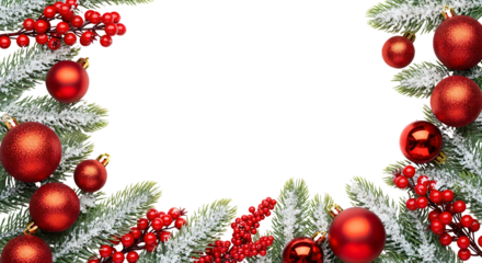 A festive Christmas border frames a blank transparent space, occupying the top, bottom, and side edges of the image. It's composed of frosted evergreen branches dusted with white to simulate snow.