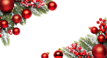 A close-up shot features a holiday-themed border composed of pine tree branches, red ornaments, and red berries against a neutral, transparent background.