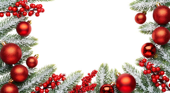 A festive Christmas border frames a blank transparent space, occupying the top, bottom, and side edges of the image. It's composed of frosted evergreen branches dusted with white to simulate snow.