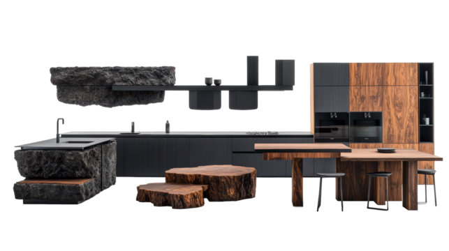 Modern Minimalist Kitchen with Wood and Stone Elements on Transparent Background
